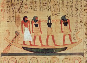 Papyrus depicting a man being transported on a barque to the afterlife by Thoth, Khepri and another god